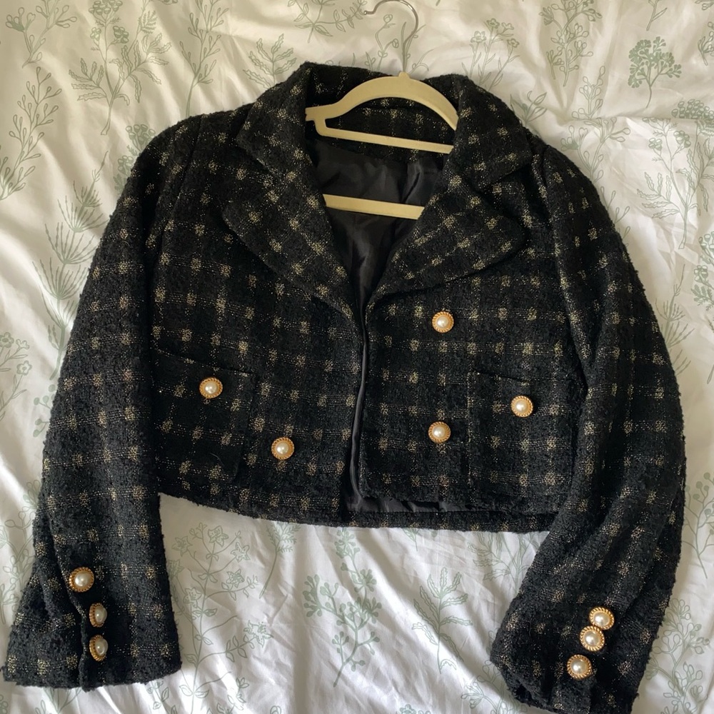 Elegant Tweed Black and Gold Women's Jacket, cropped